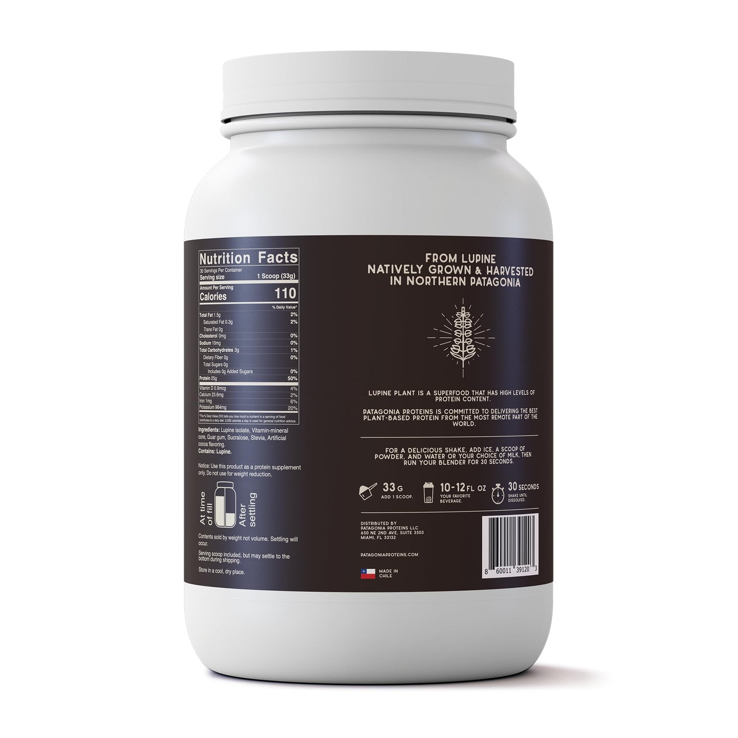 Vegan Protein Harvested in Patagonia, 25g, 110 Cal, 3.8g BCAAs, Plant-Based, Non-GMO, Sugar Free, Soy Free, Gluten Free (Andes Cocoa, 30 Servings)