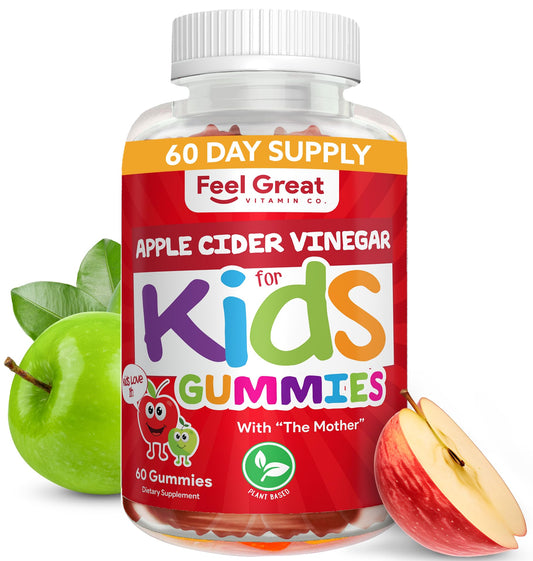 Feel Great Apple Cider Vinegar Gummies for Kids | Rich in Digestive Enzymes & Natural Antioxidants for Gut Health | Vegan Gummy Supports Healthy Nutrient Absorption | 60 Day Supply