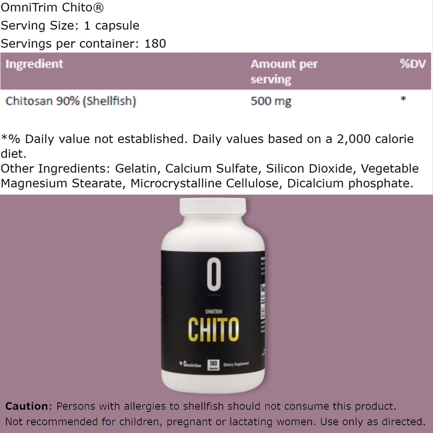 OmniTRIM Chito Dietary Supplement, 180 Capsules - Chitosan (Shellfish) 500 milligrams per Capsule