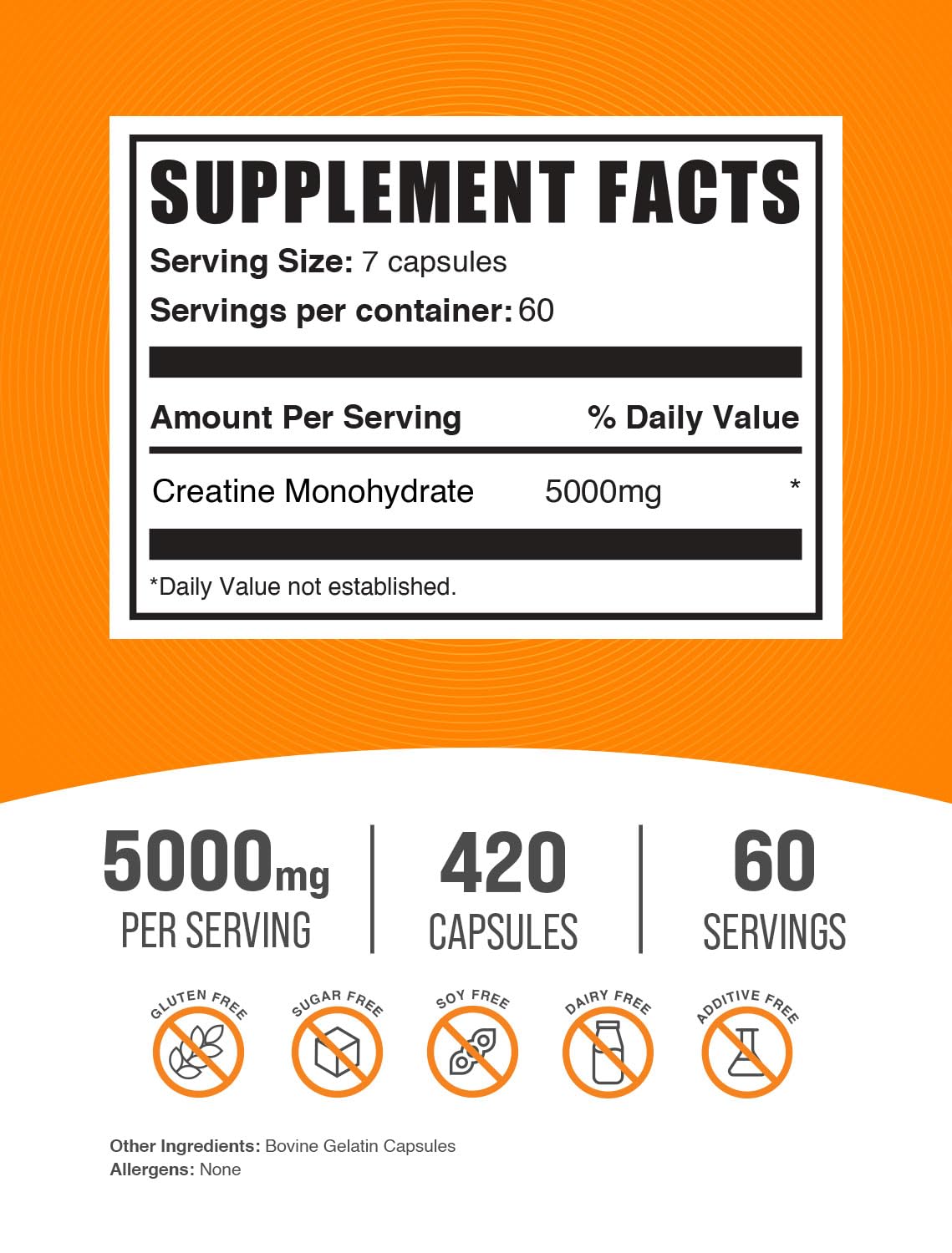 BulkSupplements.com Creatine Monohydrate Capsules - Micronized Creatine Monohydrate, Creatine Pills - 7 Creatine Capsules per Serving, 5000mg, Gluten Free, 420 Capsules (Pack of 1)