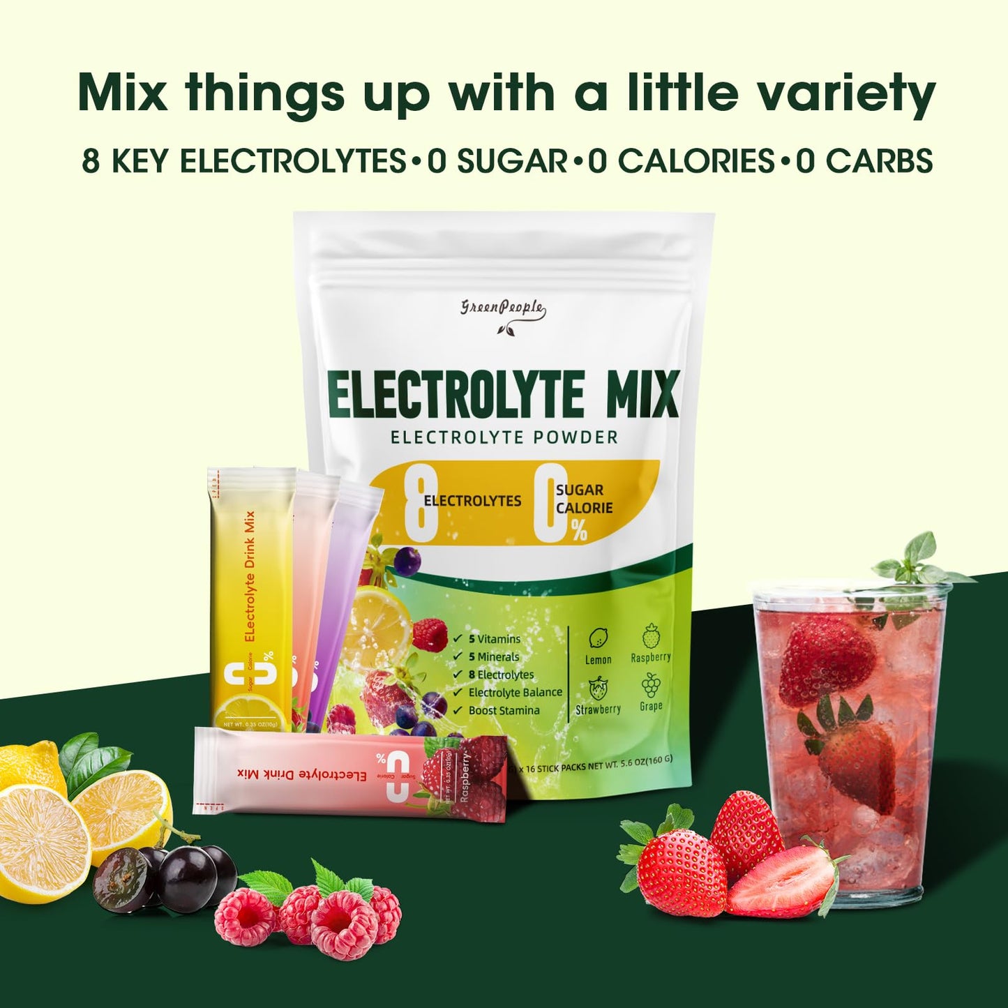 GREENPEOPLE Electrolytes Powder No Sugar - Sugar Free Hydration Electrolyte Packets - Fruit Flavors Electrolyte Drink Mix - 8 Electrolytes 5 Vitamins & Minerals Vegan Non-GMO 16 Sticks