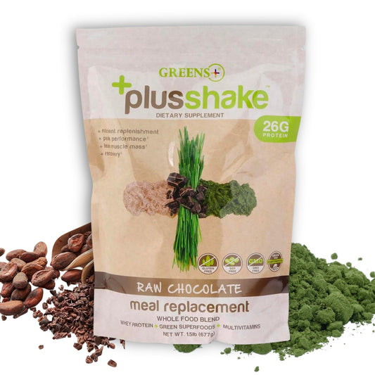 Greens+ PlusShake Raw Chocolate Grass Fed Whey Protein Powder - Meal Replacement | Non-GMO | Gluten & Soy Free | Dietary Supplement Superfood + Multi-Vitamins | 27g Protein | 1.5 lb Bag