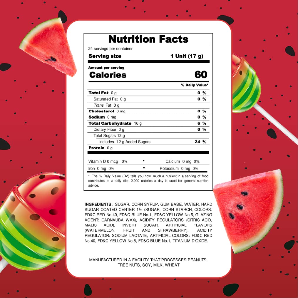 Colombina Bon Bon Bum Lollipops wBubble Gum Center Watermelon Flavor Individually Wrapped Ideal for Party Favors and Gifts 1 Pack 24 Count