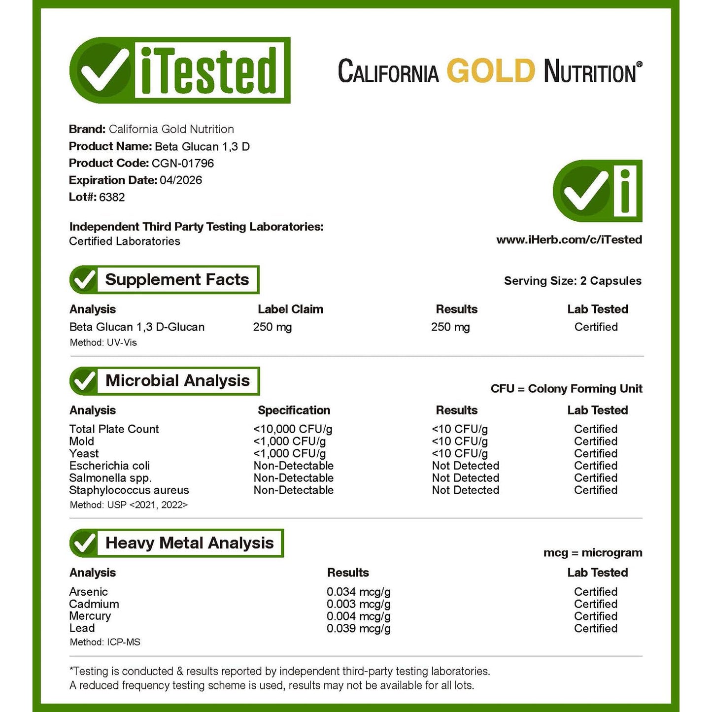 California Gold Nutrition Beta Glucan 1,3D with BetaImmuneShield™, 125 mg, 120 Veggie Capsules