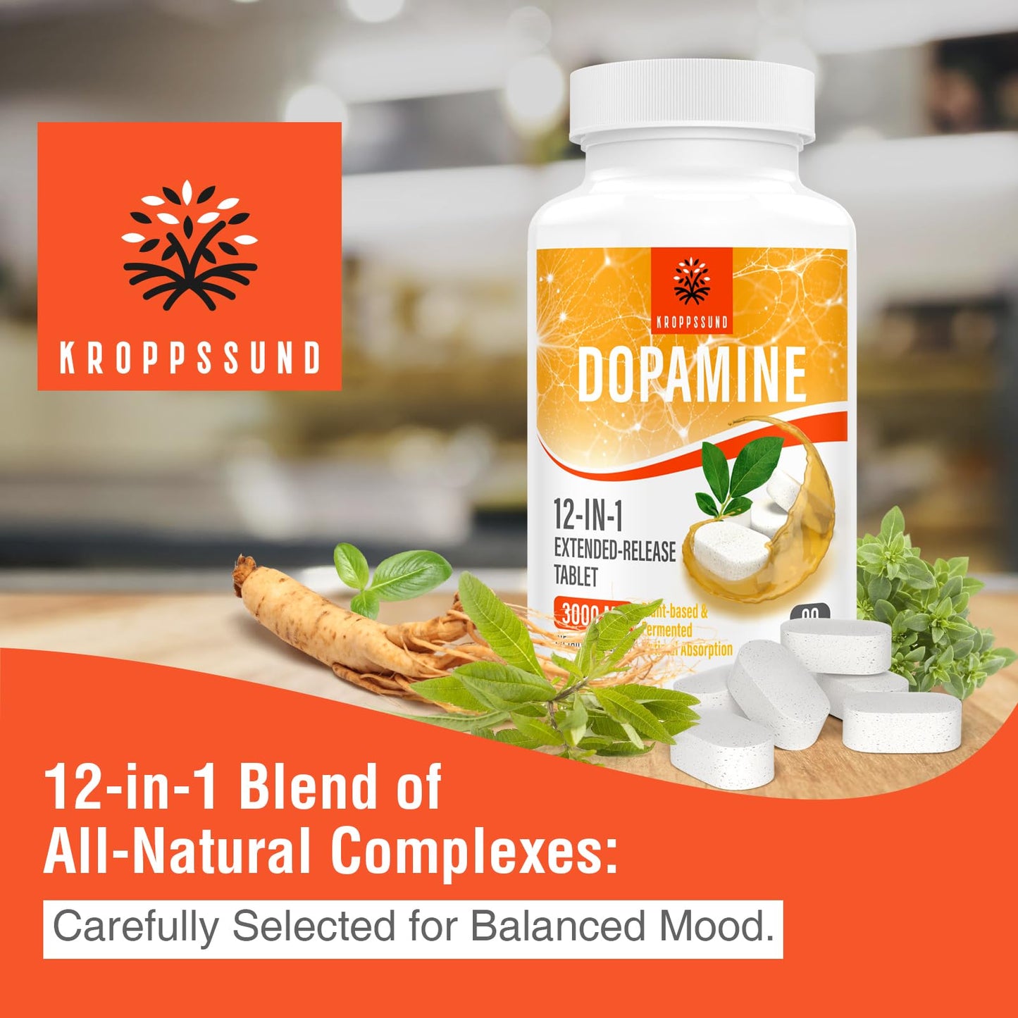 Kroppssund Natural Dopamine Supplement - 90 Tablets (1 Bottle)