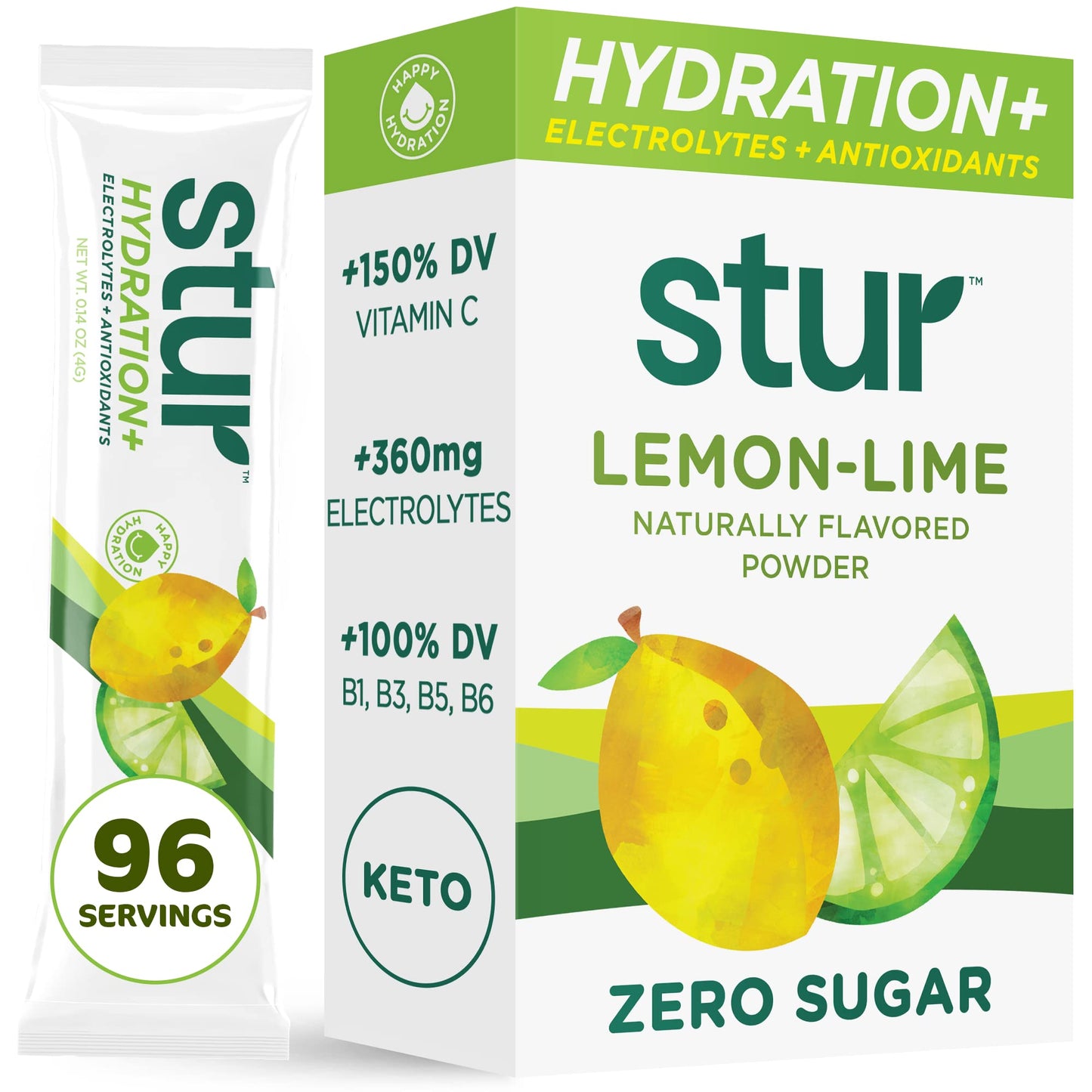 Stur Electrolytes Powder Hydration Packets | Lemon Lime | Sugar Free Water Flavor Packets for Workout Recovery | High Antioxidants & B Vitamins | Keto, Vegan, Non-GMO, Paleo (96 Packets)