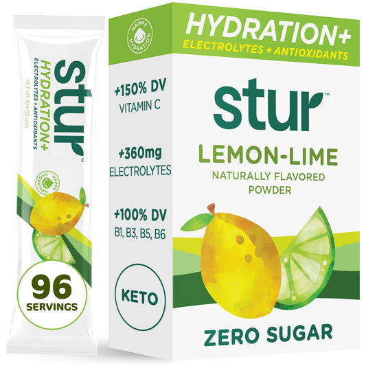 Stur Electrolytes Powder Hydration Packets | Lemon Lime | Sugar Free Water Flavor Packets for Workout Recovery | High Antioxidants & B Vitamins | Keto, Vegan, Non-GMO, Paleo (96 Packets)