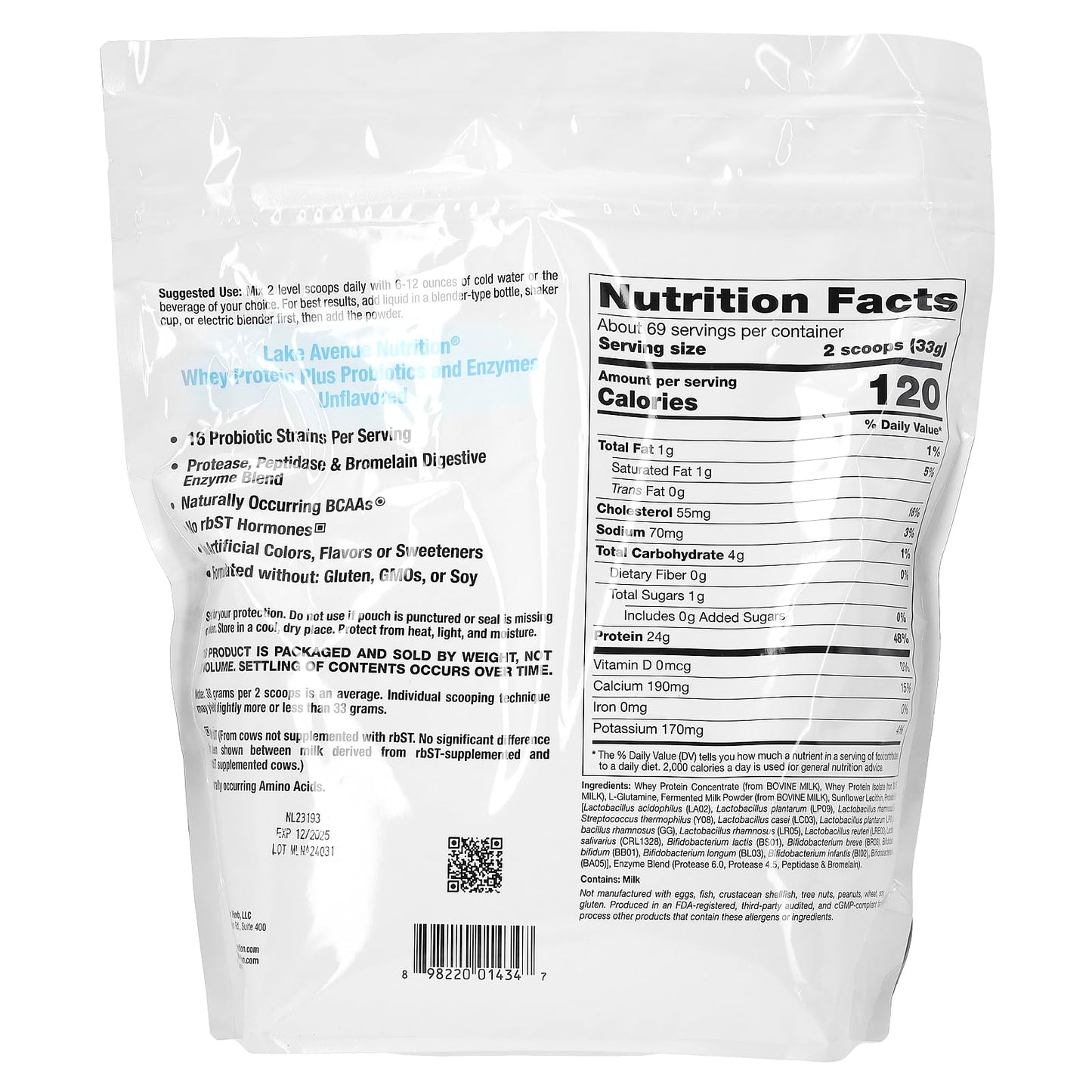 Lake Avenue Whey Protein Plus Probiotics and Enzymes, Unflavored, 5 lb (2.27 kg), Nutrition