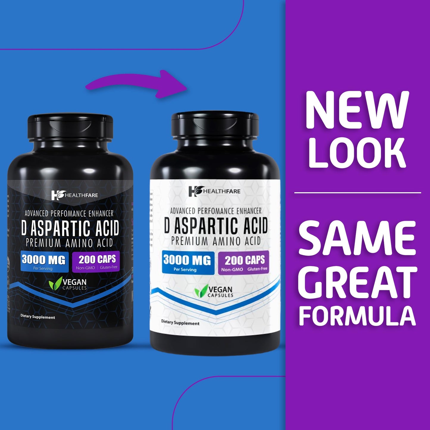 Healthfare D-Aspartic Acid 3000mg | 200 Veg Capsules | Premium Amino Acid Supplement | Non-GMO | Gluten-Free