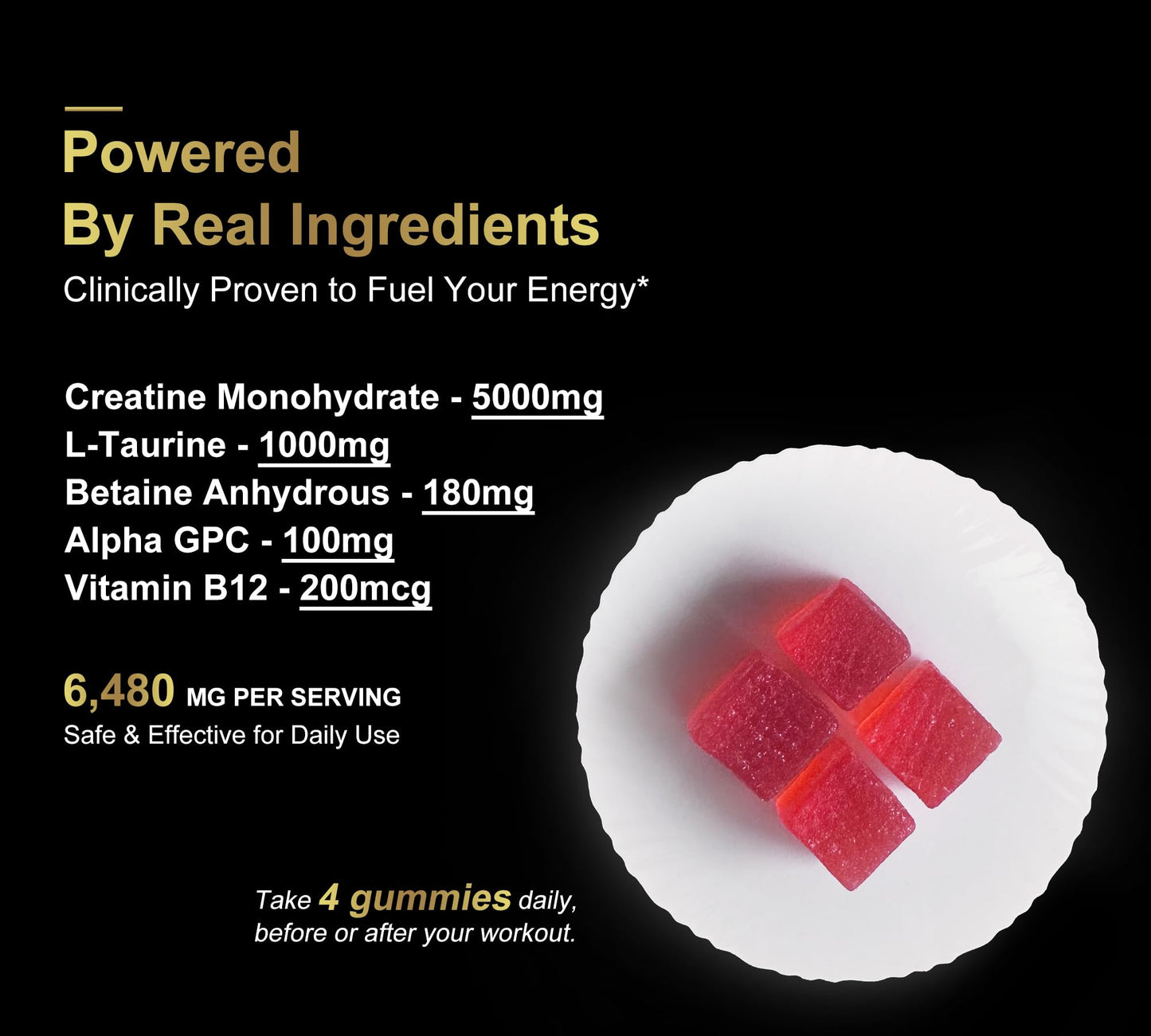 Creatine Gummies for Men & Women - Sugar Free & Vegan Advanced Formula W/L-Taurine + Vitamin B12 - for Muscle Strength, Muscles Builder, Recovery, Energy Boost, Pre-Workout Supplement