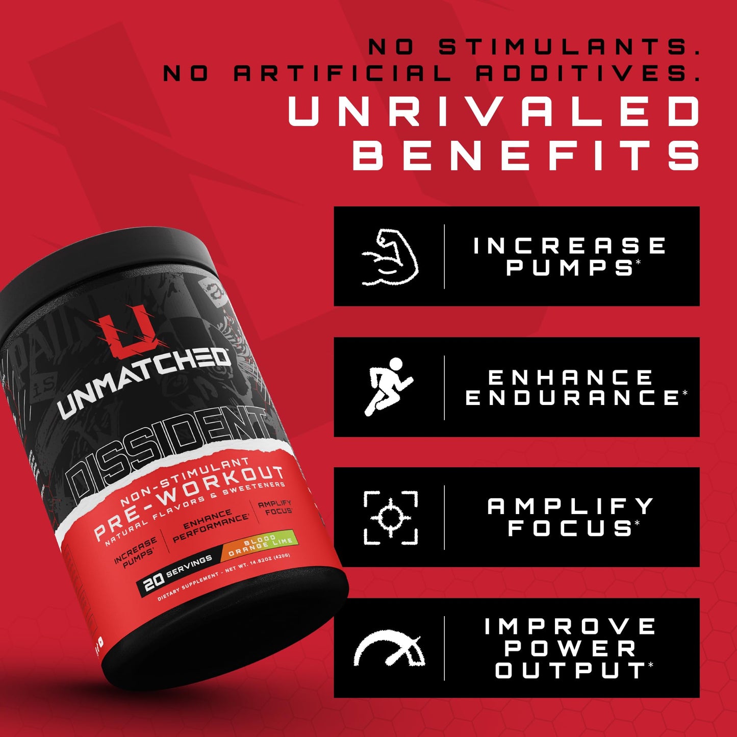 Unmatched Dissident Non Stim Pre Workout Powder for Men & Women | Citrulline, Beta Alanine, Peak ATP | Natural Flavors & Sweeteners | 20 Servings (Blood Orange Lime)