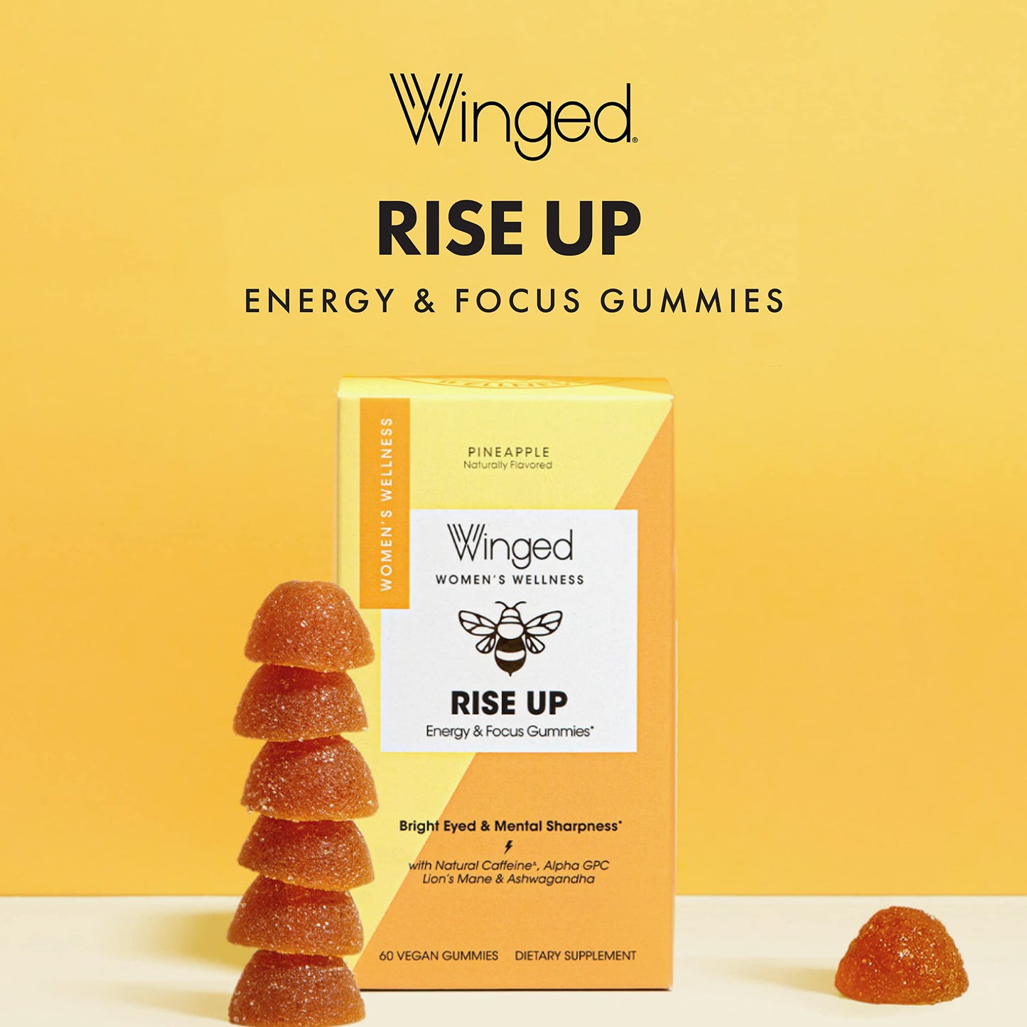 Winged Wellness Rise Up, Energy & Focus Gummies for Women - Daily Brain Boost Gummy Supplement with Natural Caffeine, Ashwagandha, B12, Nootropics Alpha-GPC & Lion’s Mane - Pineapple, 30 Gummies
