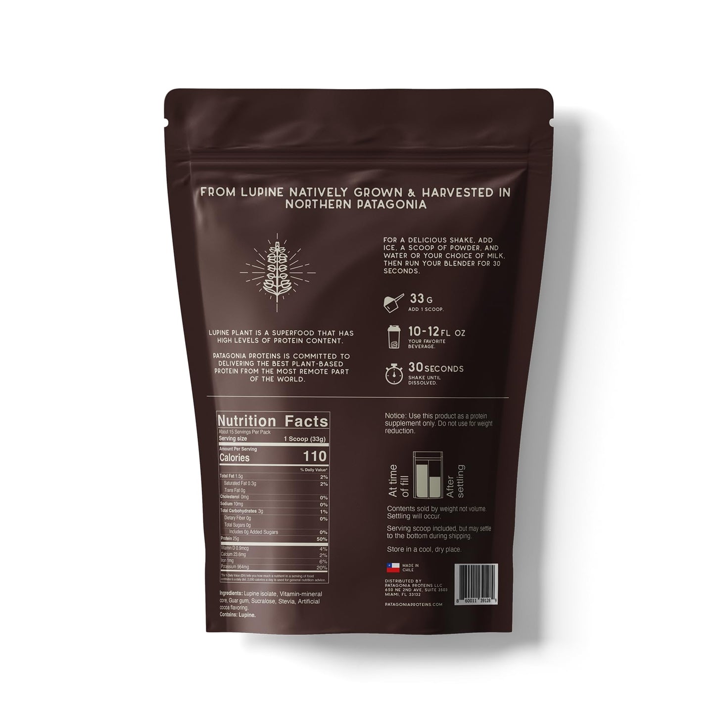 Vegan Protein Harvested in Patagonia, 25g, 110 Cal, 3.8g BCAAs, Plant-Based, Non-GMO, Sugar Free, Soy Free, Gluten Free (Andes Cocoa, 15 Servings)