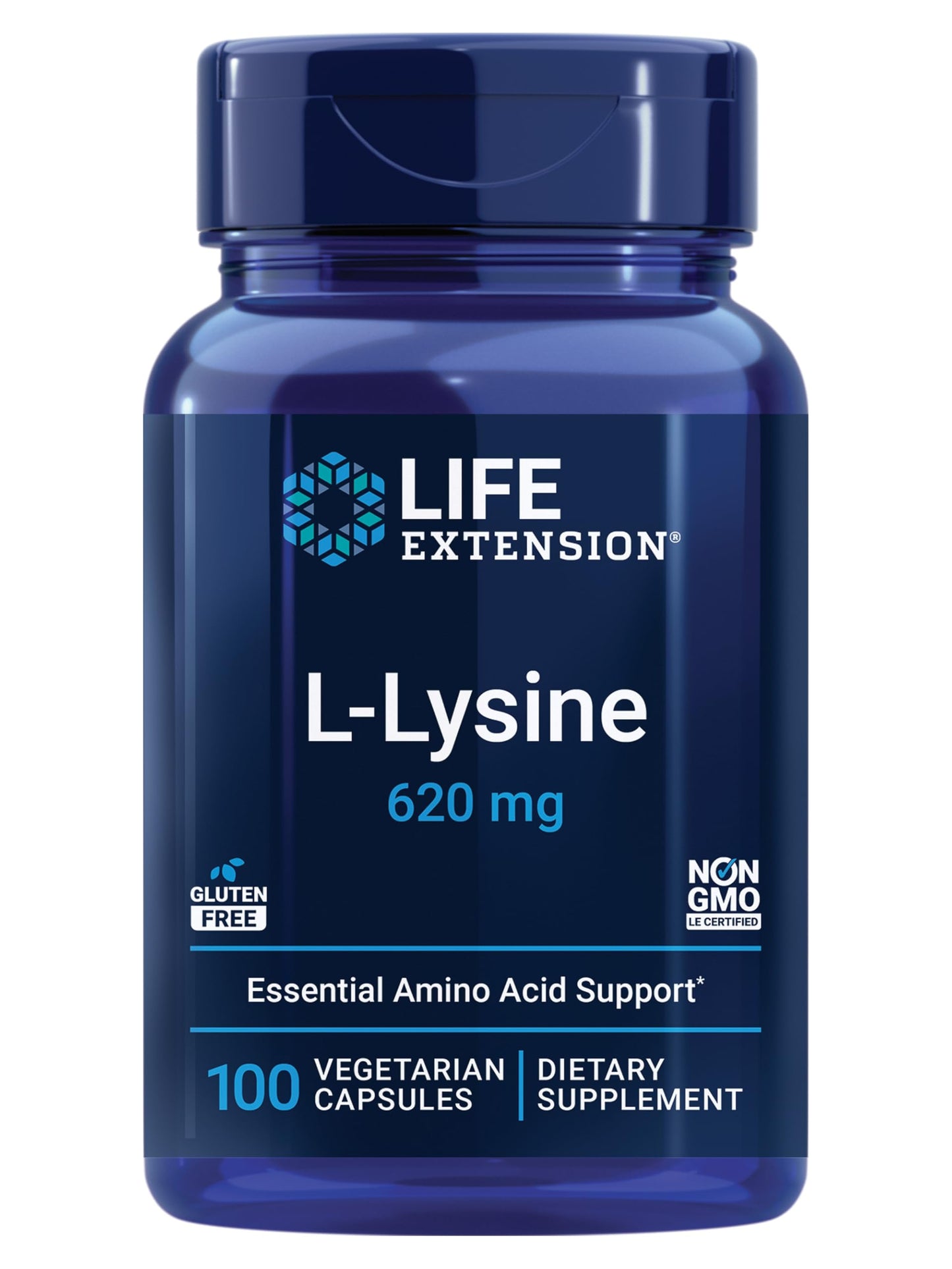 Life Extension L-Lysine, 620 mg, Essential Amino Acid for Healthy nitrogen Balance, Calcium Metabolism, Stress Response & More, Gluten-Free, Non-GMO, Vegetarian, 100 Capsules
