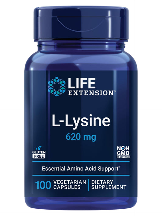 Life Extension L-Lysine, 620 mg, Essential Amino Acid for Healthy nitrogen Balance, Calcium Metabolism, Stress Response & More, Gluten-Free, Non-GMO, Vegetarian, 100 Capsules