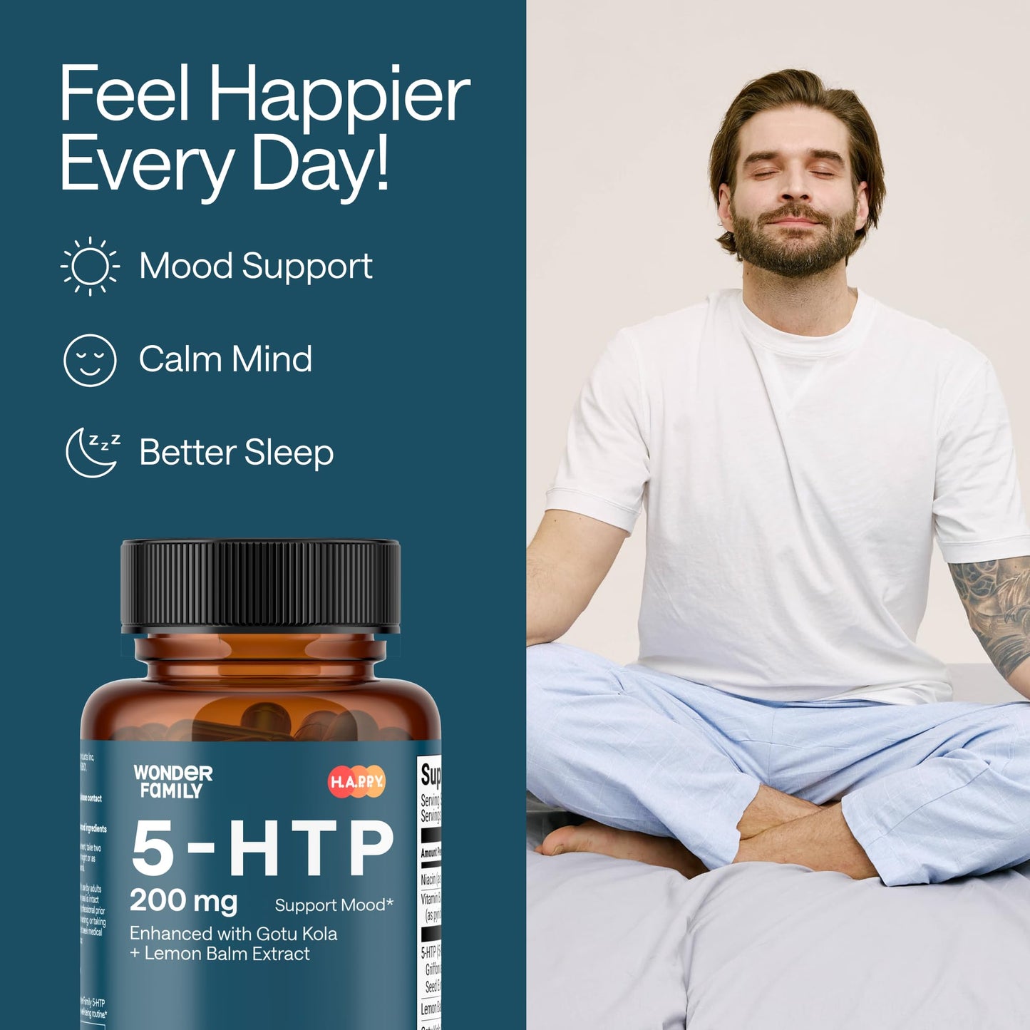 WONDER FAMILY 5 HTP 200mg - with Vitamin B6 100mg, Gotu Kola - Wellbeing Supplement for Women, Men - 2X Potency of 5HTP 100mg, 4X of 5-HTP 50mg - Deep Sleep Supplement - 60 5HTP 200mg Capsules