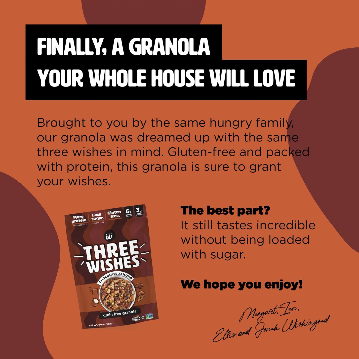 Three Wishes Granola Chocolate Almond 4Pack  Gluten Free Granola 6g Protein  3g Sugar Healthy Breakfast  OntheGo Snack  Vegan Kosher  GrainFree