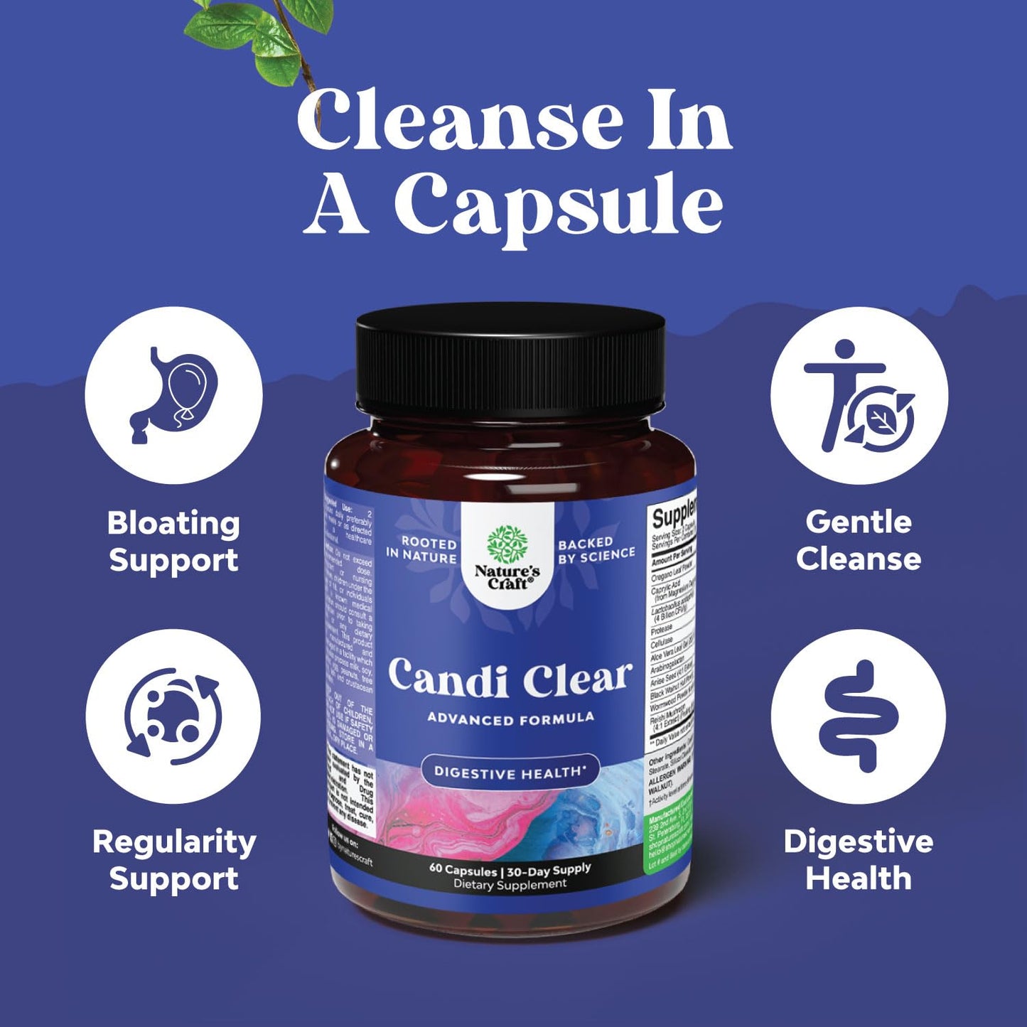 Natures Craft Candi-Clear Body Cleanse Detox for Women - Anti Overgrowth Gut Detox for Women with Caprylic Acid Black Walnut Wormwood and Oregano - Full Body Cleanse with Pre and Probiotics