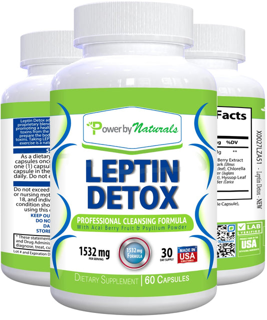 Power By Naturals Leptin Detox Cleanse for Reduce Weight - Natural Gut & Colon Cleanser, 1532mg, Acai Berry Cleanse for Men & Women, 60 Capsules, USA-Made