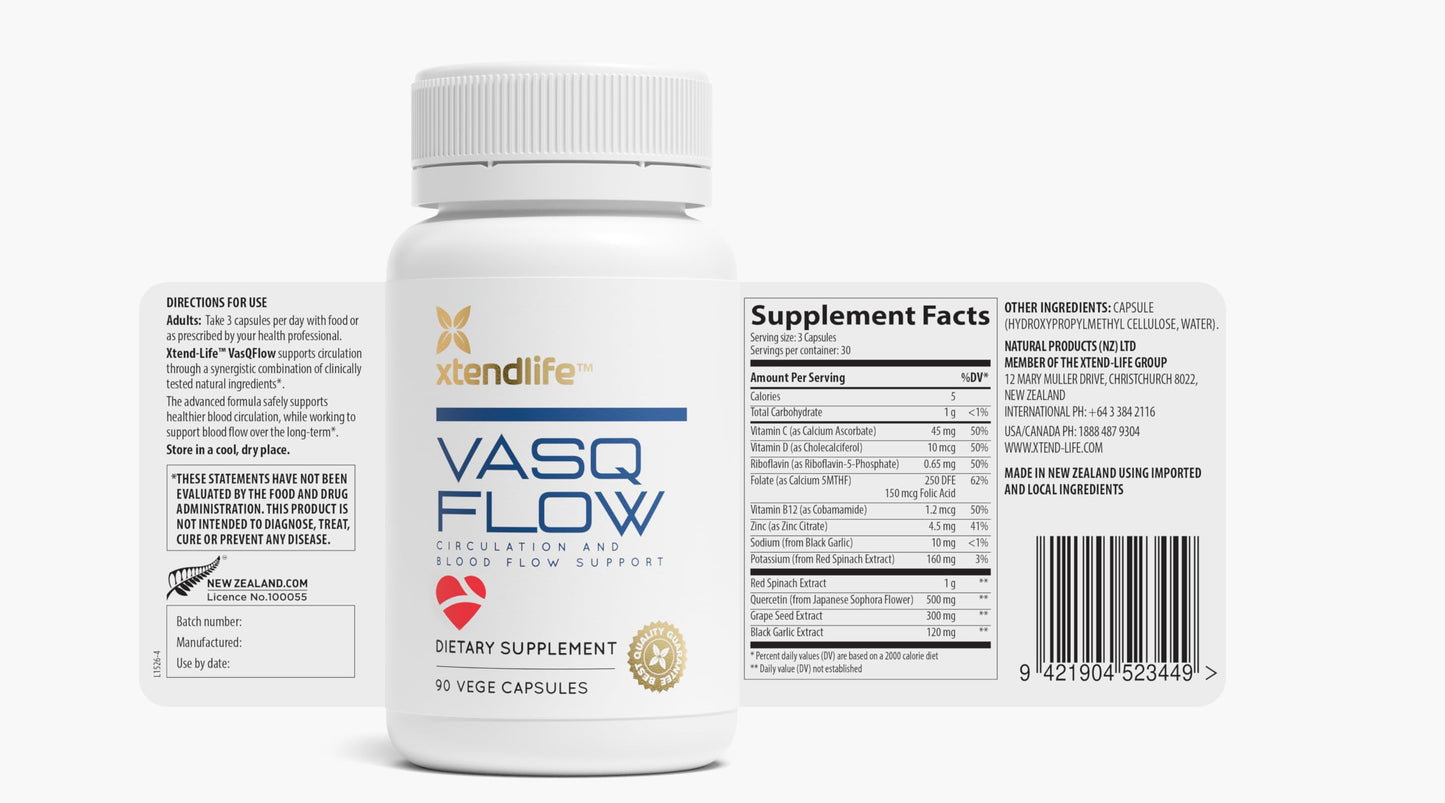 Xtendlife VasQFlow Natural Nitric Oxide Booster Supplement - Circulation & Blood Flow Support with Red Spinach Extract & Aged Garlic - Energy, Heart Health, Muscle Support - 1 Month Supply (90 Count)