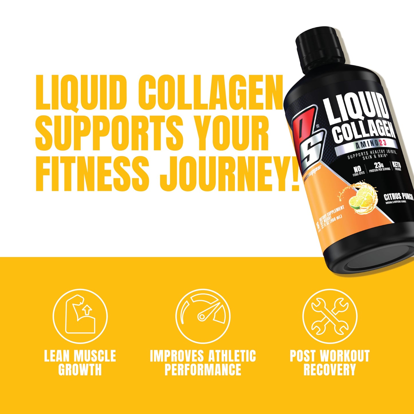 PROSUPPS Amino23 Liquid Collagen Shots, 23g Collagen Protein Promotes Exercise Recovery, Healthy Skin, Hair, Nails & Join Support - Convenient On The Go Bottle, Citrus Punch