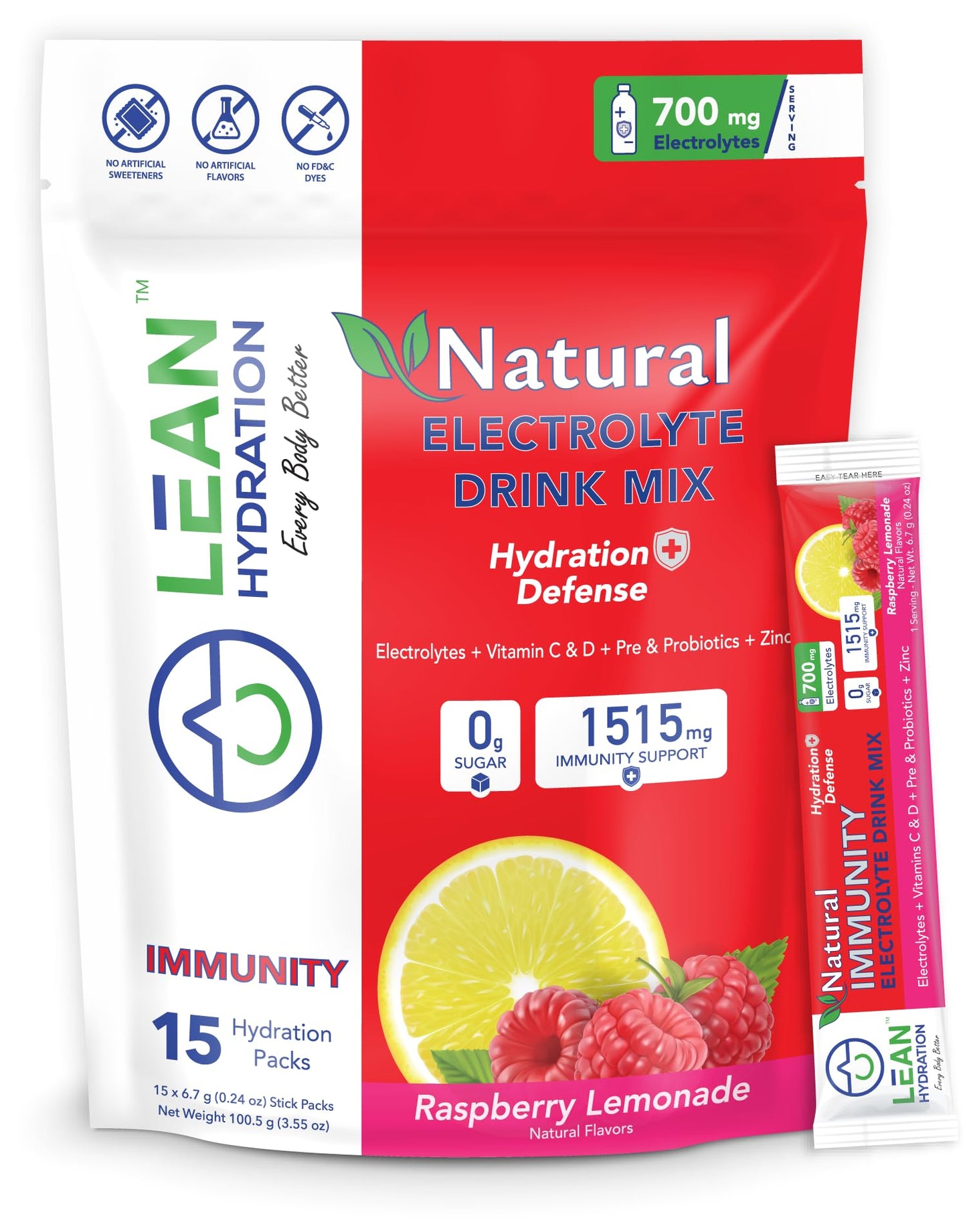 LEAN Hydration Natural Electrolyte Immune Formula - Boost Immunity and Stay Hydrated with Zero Sugar and No Artificial Flavors or Sweeteners 15 ct Packets (Raspberry Lemonade)