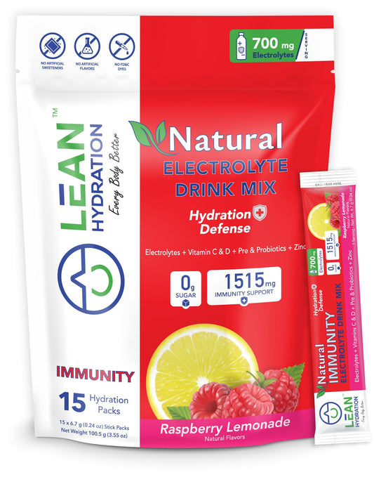 LEAN Hydration Natural Electrolyte Immune Formula - Boost Immunity and Stay Hydrated with Zero Sugar and No Artificial Flavors or Sweeteners 15 ct Packets (Raspberry Lemonade)
