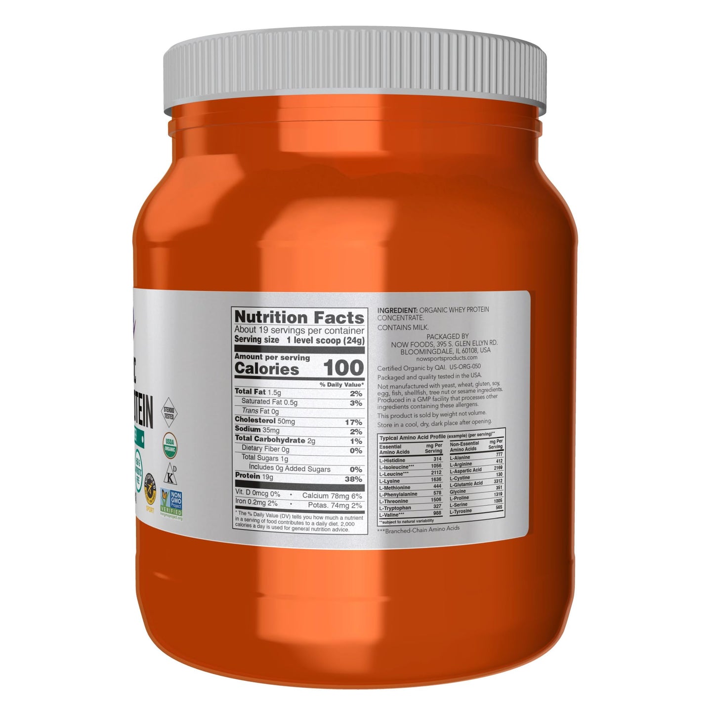 NOW Foods Sports Nutrition, Certified Organic Whey Protein 19 g, Unflavored Powder, 1-Pound