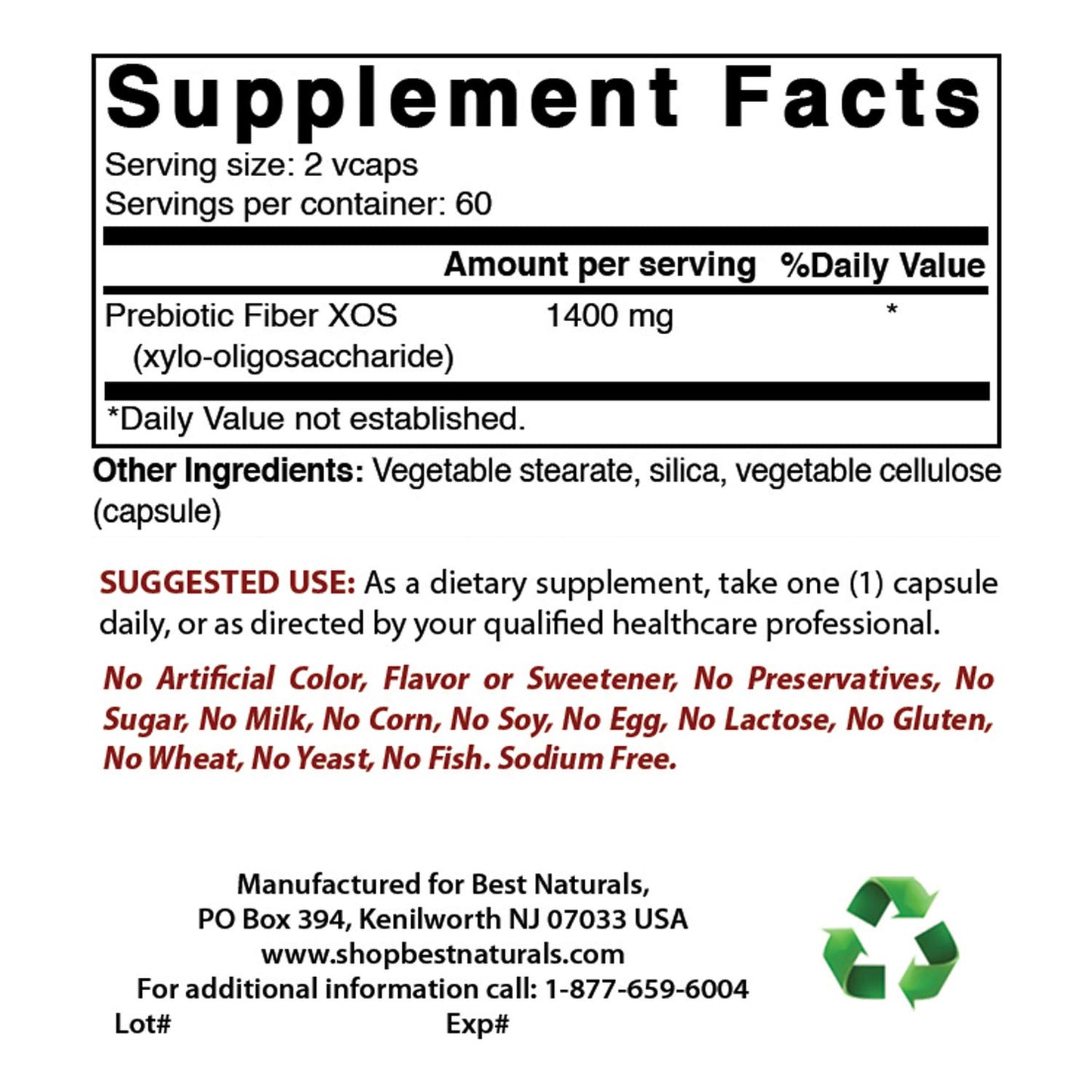 Best Naturals Prebiotics Fiber XOS (Xylo Oligosaccharide) 1400mg Serving 120 Veg Capsules