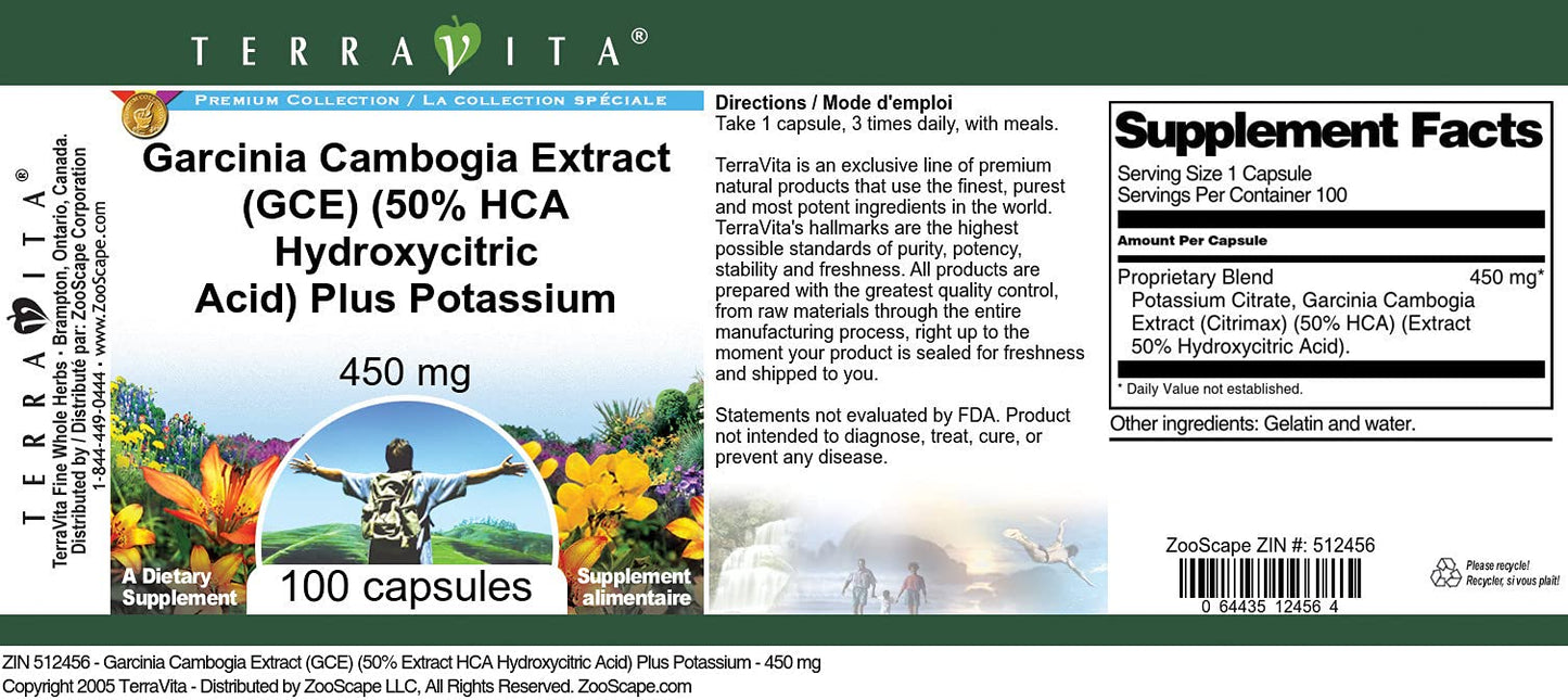Garcinia Cambogia Extract (GCE) (50% HCA Hydroxycitric Acid) Plus Potassium - 450 mg (100 Capsules, ZIN: 512456) - 2 Pack