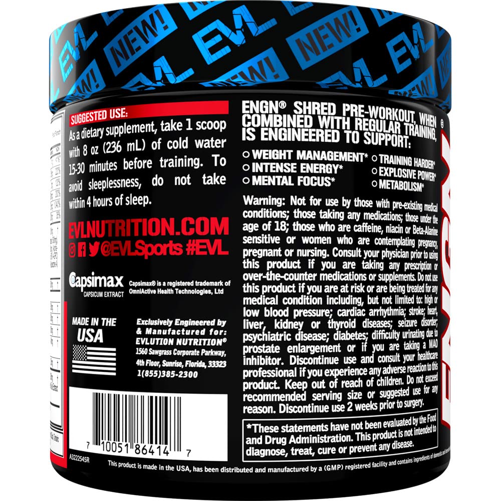 EVL Ultimate Pre Workout Powder - Thermogenic Fat Burn Support Preworkout Powder Drink for Lasting Energy Focus and Stamina - ENGN Shred Intense Creatine Free Preworkout Drink Mix - Fruit Punch
