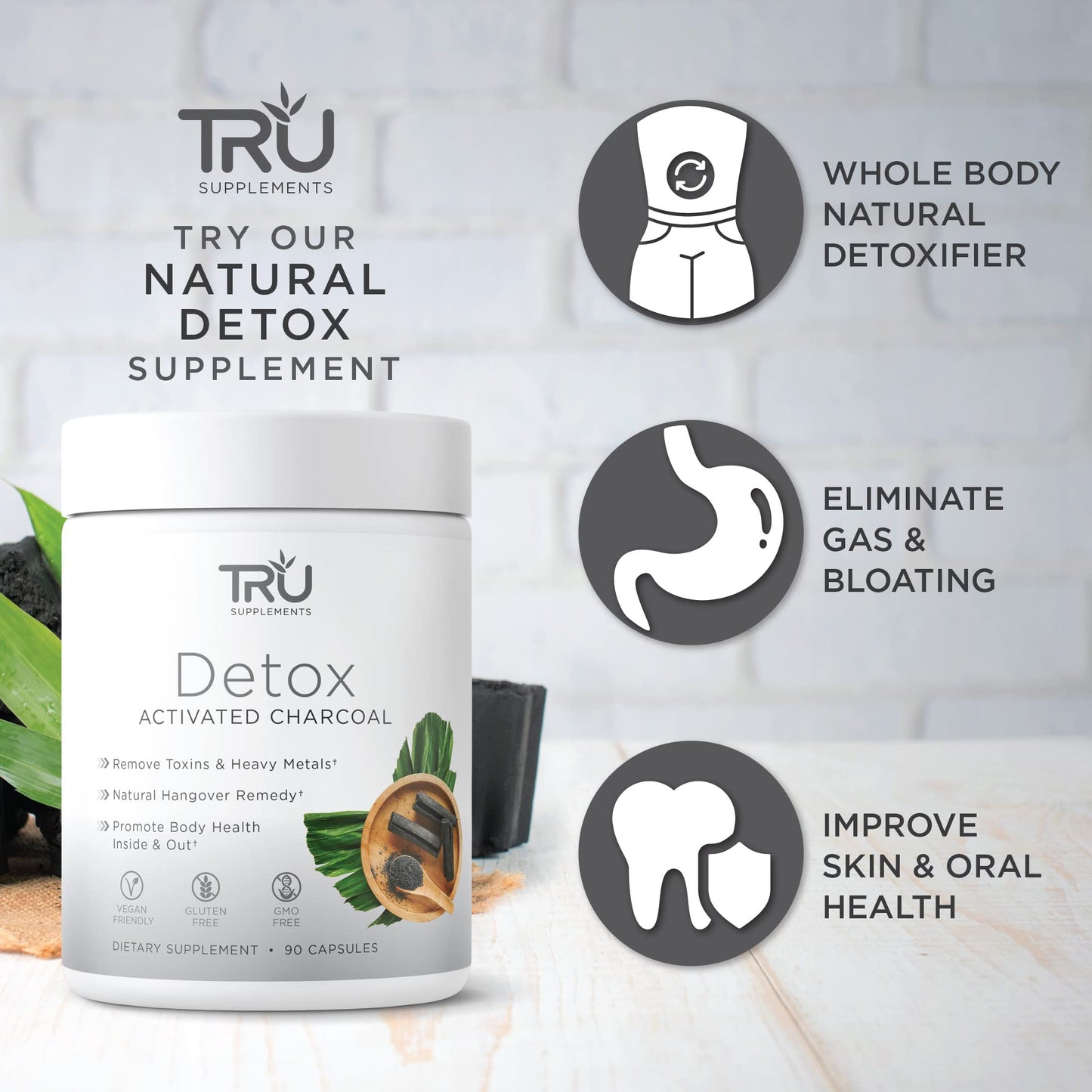 TRU Supplements Detox, Activated Charcoal, Vegan Friendly, Whole Body Natural Detox, Eliminates Bloating, Improve Skin Health, 60 Servings