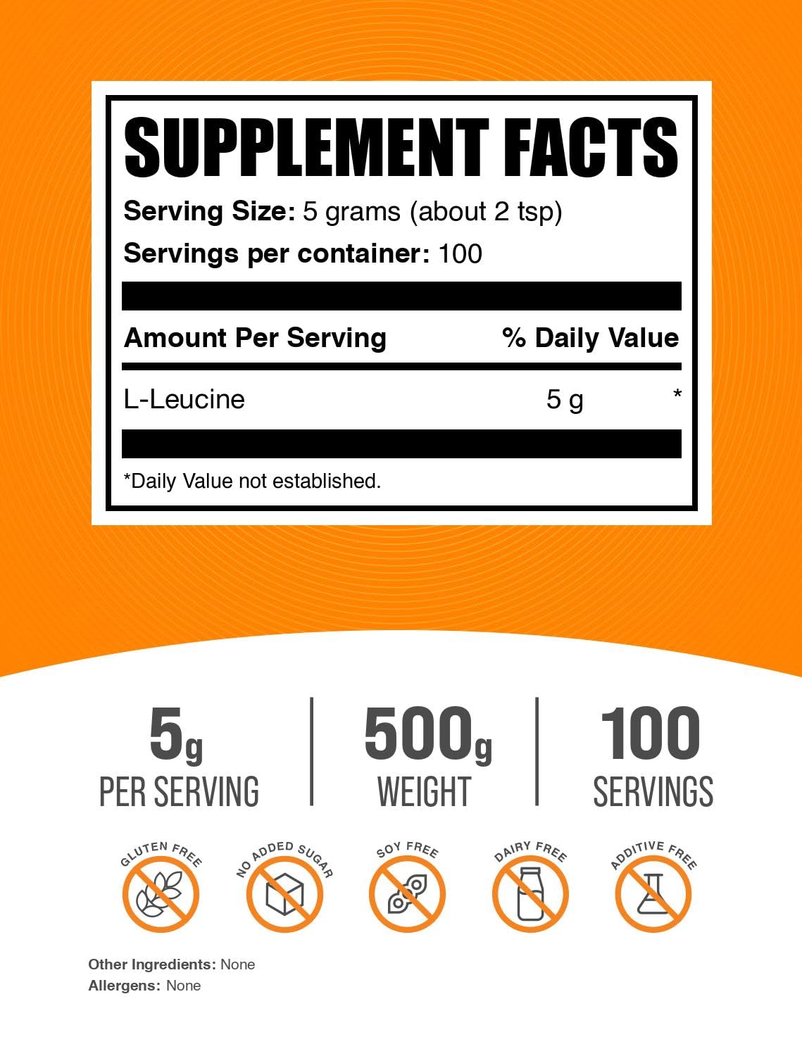 BulkSupplements.com L-Leucine Powder - Leucine Supplements, BCAA Supplements - Amino Acid Powder, Unflavored, 5g per Serving, 500g (1.1 lbs) (Pack of 1)