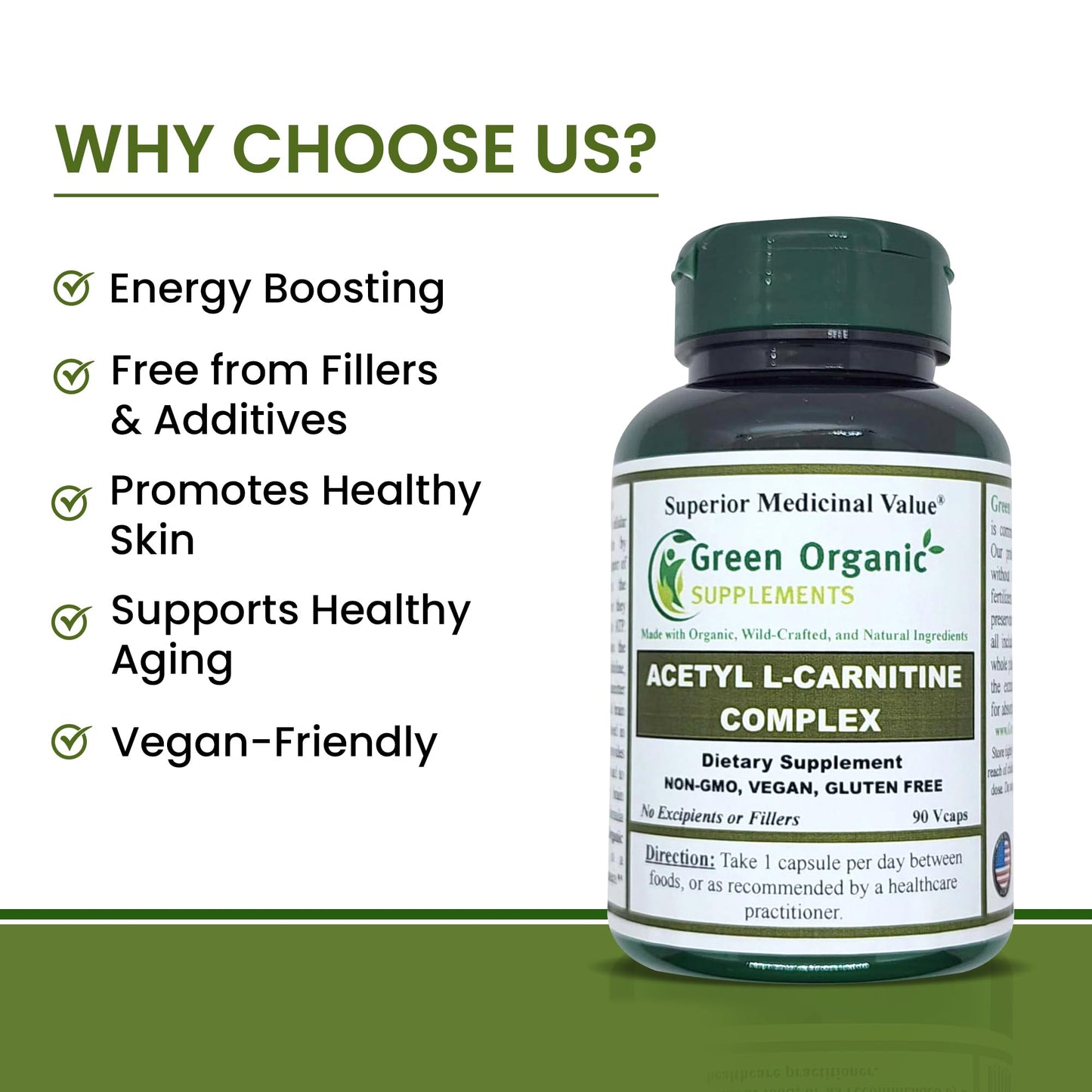 Green Organic Supplements Acetyl L-Carnitine, Carnitine, ALC, 90 VCaps, High Absorbable, Non-GMO, Gluten-Free (Single)
