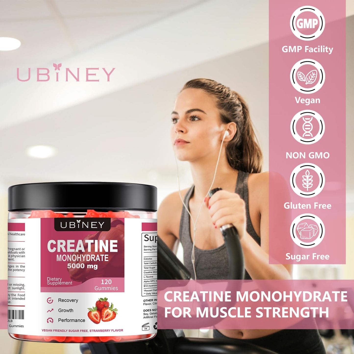 Creatine Monohydrate Gummies 5000mg - Sugar-Free, Vegan, Gluten-Free - Enhanced with Vitamin B12 & L-Taurine for Muscle Growth, Recovery & Strength - Delicious Strawberry Flavor, 120 Count