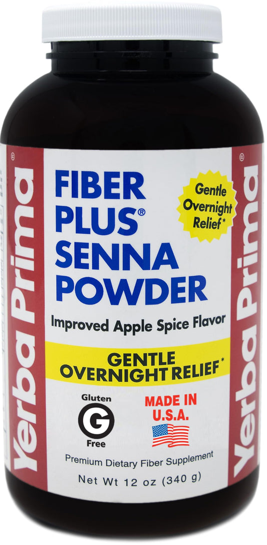 Yerba Prima Fiber Plus Senna Powder, 12 oz (Pack of 1) - Apple Spice Flavor, Gentle Overnight Relief, USA Made, Non-GMO, Stevia Sweetened, Short-Term Use to Restore Regularity