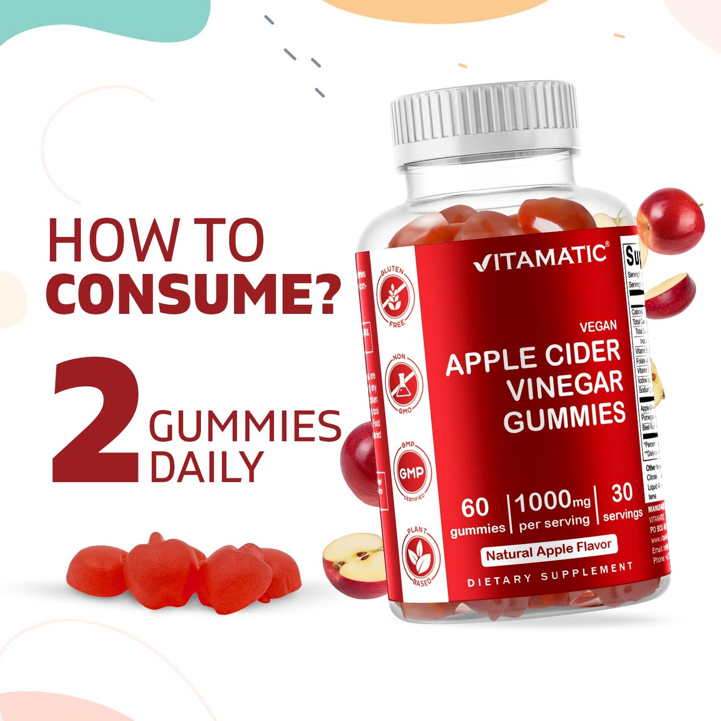 Vitamatic Apple Cider Vinegar Gummies - 1000mg per Serving - 60 Vegan Gummies - ACV Gummies for Detox, Weight Loss Support, Energy Boost, Digestion & Gut Health