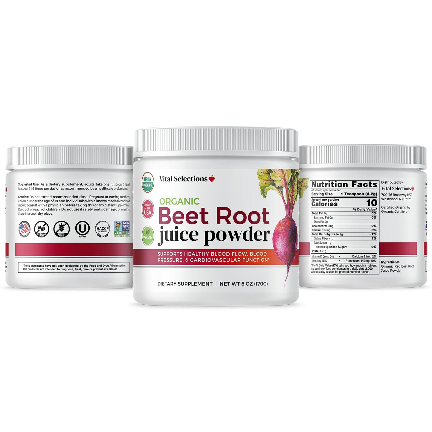 Vital Selections 100% Organic Beet Root Juice Powder, Highest Purity and Potency, USA Grown, Superior Beet Drying Technology, Maximum Nitric Oxide Boost for Cardio Support and Athletic Performance