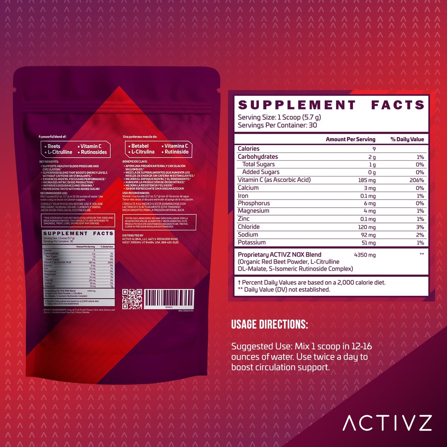 ACTIVZ NitroxPro™ Drink Powder - Beets, L-Citrulline, Rutinosides, CyLoc Dextrin & DexKey for Nitric Oxide, Cardiovascular Support, 6.0 oz (171g)