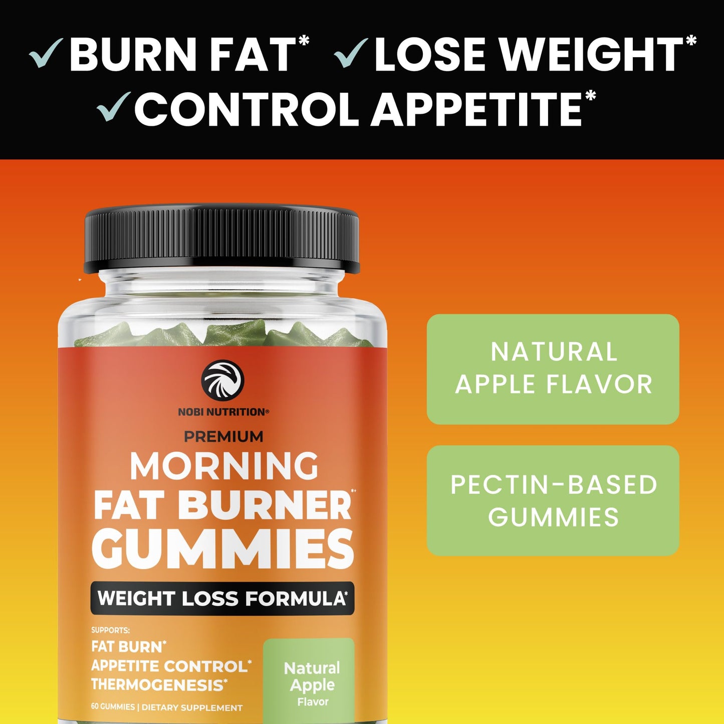 Morning Fat Burner Gummies | Weight Loss for Women & Men | Thermogenic Belly Fat Burner with Green Tea, Garcinia, Green Coffee Bean & More | Appetite Suppressant & Metabolism Booster | 60 Gummies