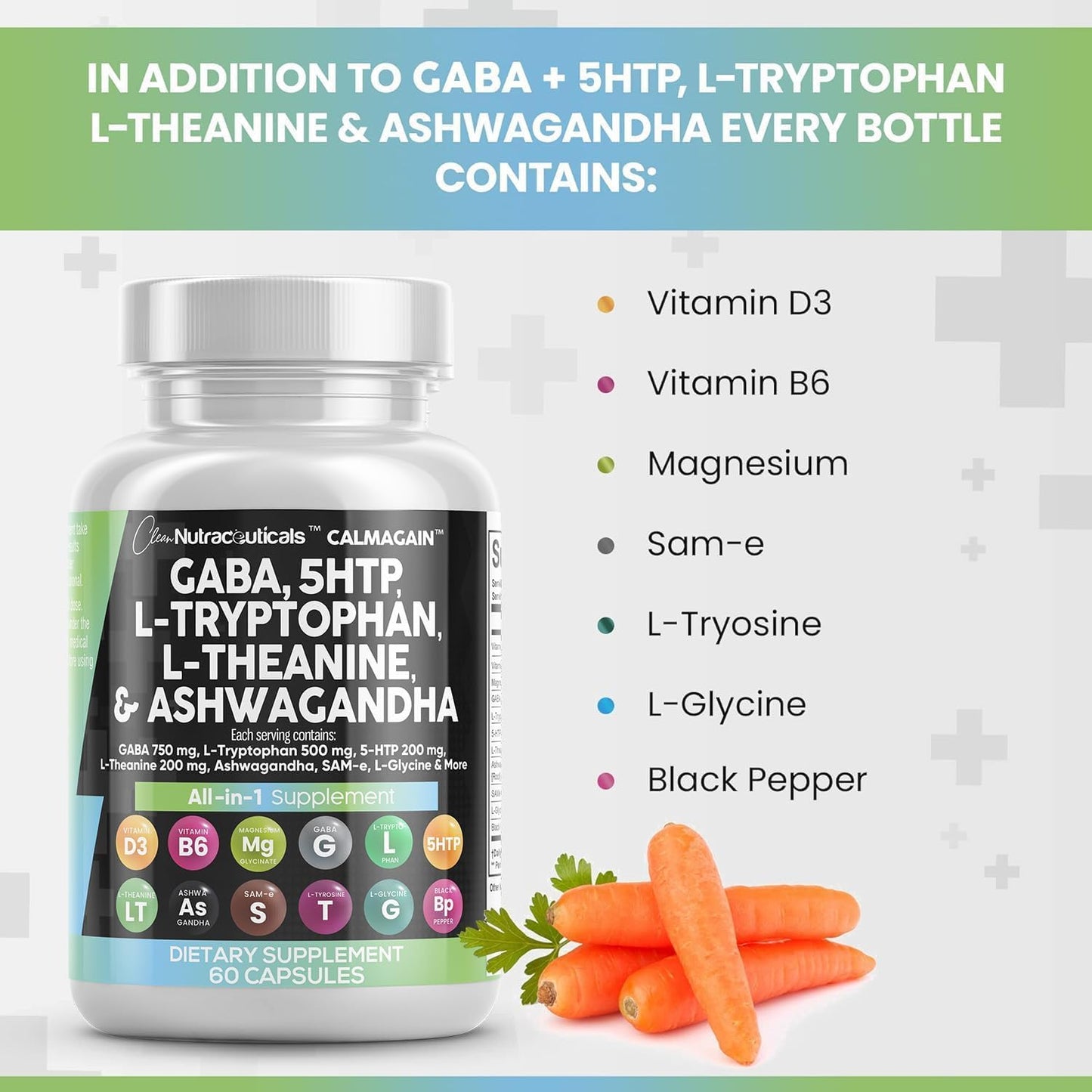 Clean Nutraceuticals GABA 750mg 5 HTP 200mg L Tryptophan 500mg L Theanine 200mg Ashwagandha SAM-e L-Glycine - Mood Support Vitamins for Women and Men with L-Tyrosine (90 Count (Pack of 2))