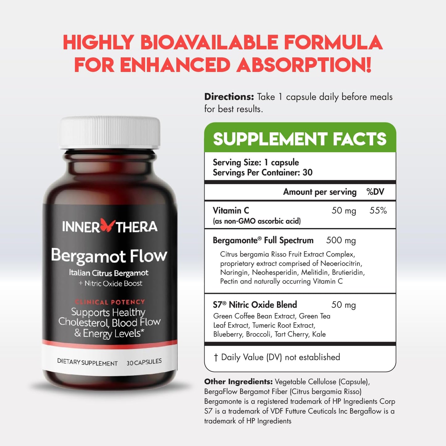 Bergamot Flow Italian Citrus Bergamot + S7 Nitric Oxide Boost, Clinically Proven - Supports Cholesterol, Blood Flow, Circulation & Energy Levels - Made with Patented Italian Bergamonte