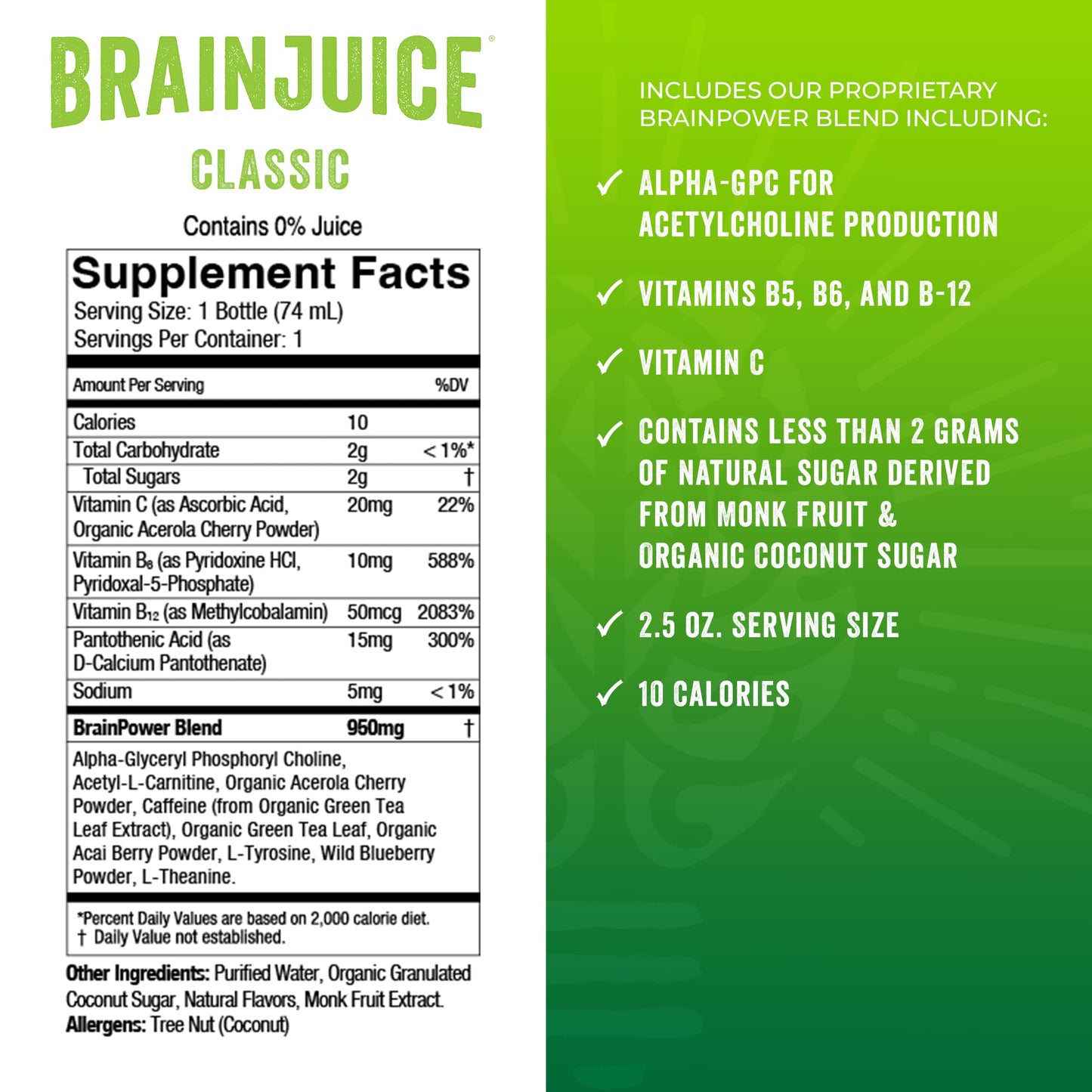 BrainJuice Brain Support Shot, Gluten Free Supplement Shots for Energy & Focus, Healthy Drinks with Alpha GPC, Vitamin B & Organic Green Tea Extract Caffeine, Classic, 2.5 fl oz, 12 Pack