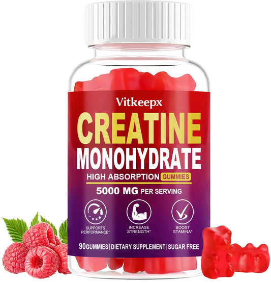 Creatine Monohydrate Gummies Infused with 5g Creatine for Men and Women, Chewables Creatine Monohydrate for Muscle Strength, Muscle Builder, Energy Boost, Pre-Workout Supplement(90 Count)-Raspberry