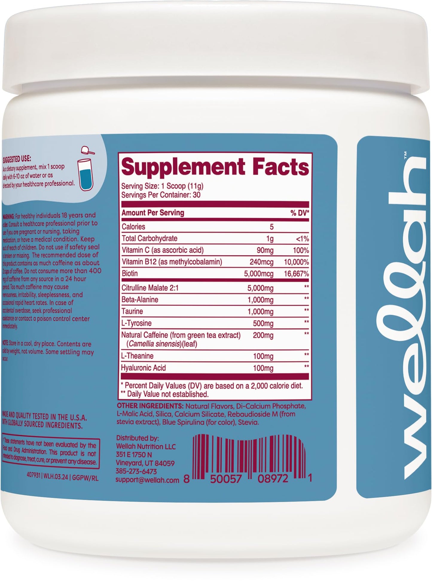 Wellah Get-Going Pre-Workout Drink Mix (Blue Raspberry Flavored, 30 Servings)