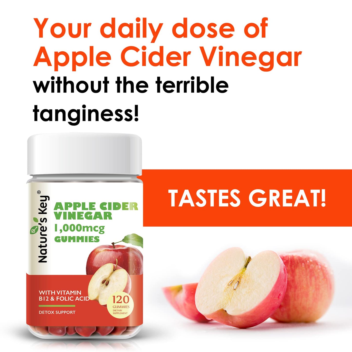 Nature's Key Apple Cider Vinegar Gummies 120 Count ACV Gummy with Folic Vitamin B6 B12 Beetroot & Pomegranate - Vegan, Non-GMO & Gluten-Free