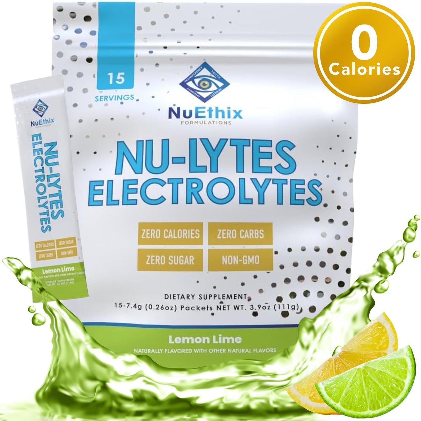 NuEthix Formulations NU-LYTES Electrolytes Hydration Packets, Zero Calories, Zero Sugar, Zero Carbs, Non-GMO, Electrolytes Powder Packets, Glycogen Replenishment, 15 Servings (Lemon Lime)