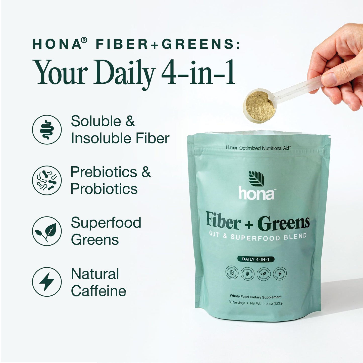 Hona Fiber + Greens, Gut & Superfood Blend, Greens Powder with Prebiotics, Probiotics, Fiber & Natural Caffeine, Gluten Free, Sugar Free, Dairy Free, Vegan Non GMO Greens Superfood Powder, 30 Srvgs