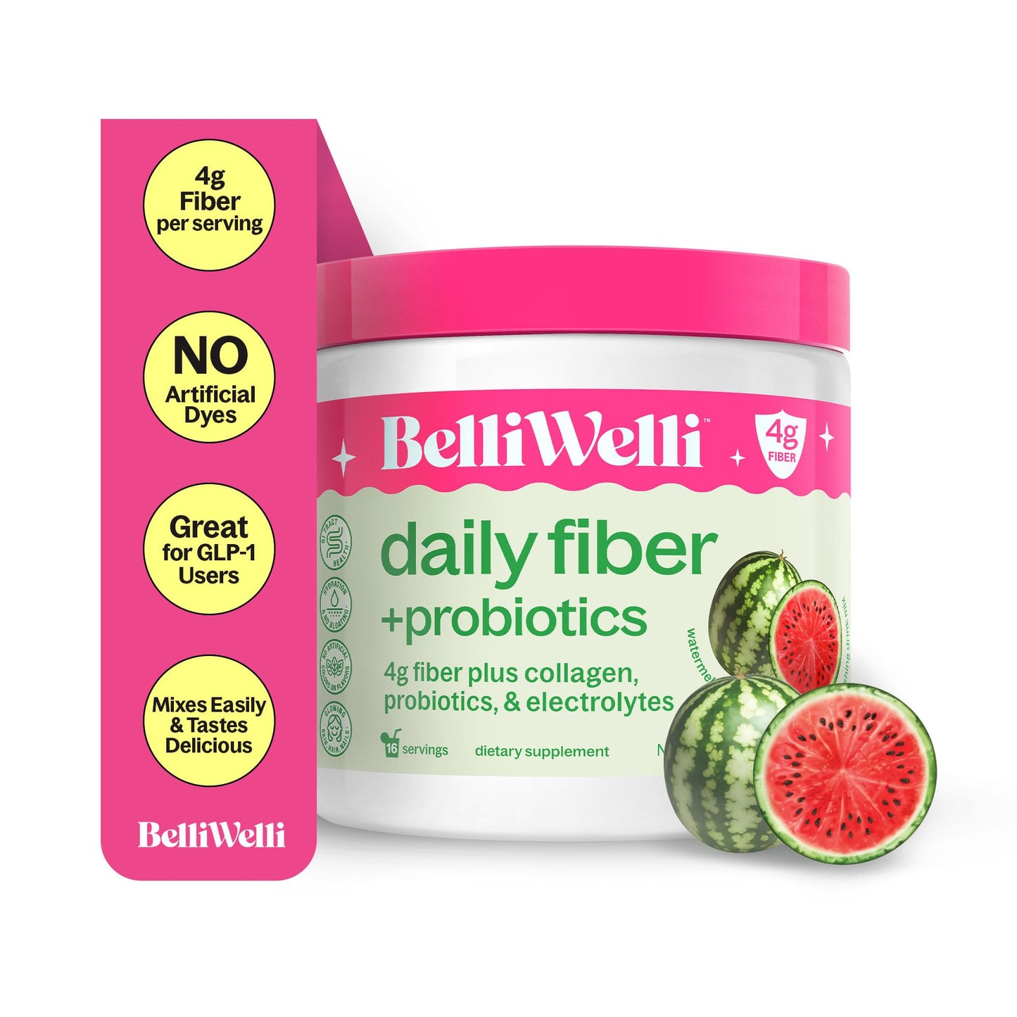 Belli Welli Daily Fiber Supplement Powder with Collagen, Probiotics & Electrolytes | Supports Digestive Health, Gut Balance & Debloating | Watermelon | 16 Servings