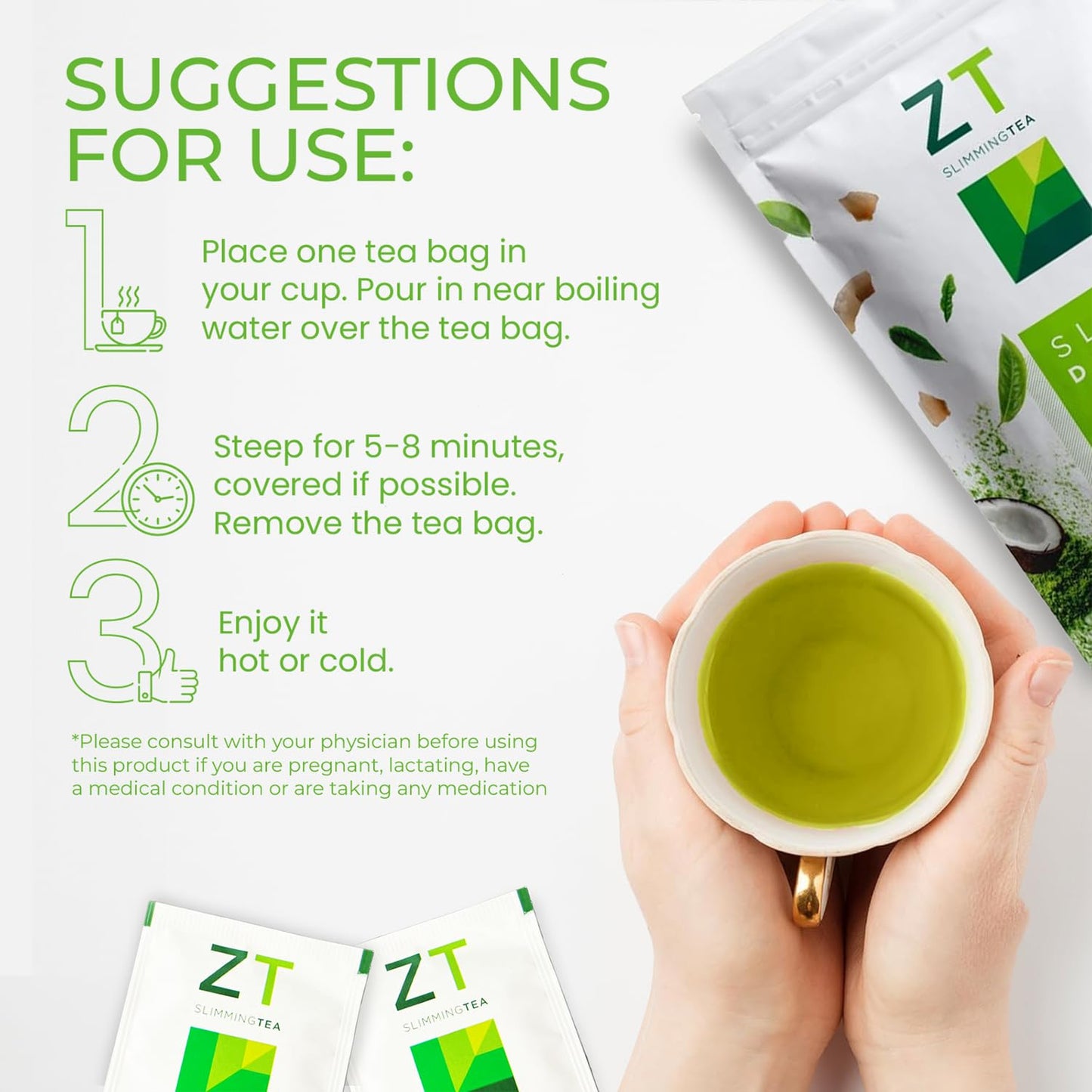 Dr. Zisman ZT Slimming - Matcha-Coconut Herbal Tea Blend with Senna Leaf- Antioxidant Effects - 28 Day Wellness Blend (28 Tea Bags)